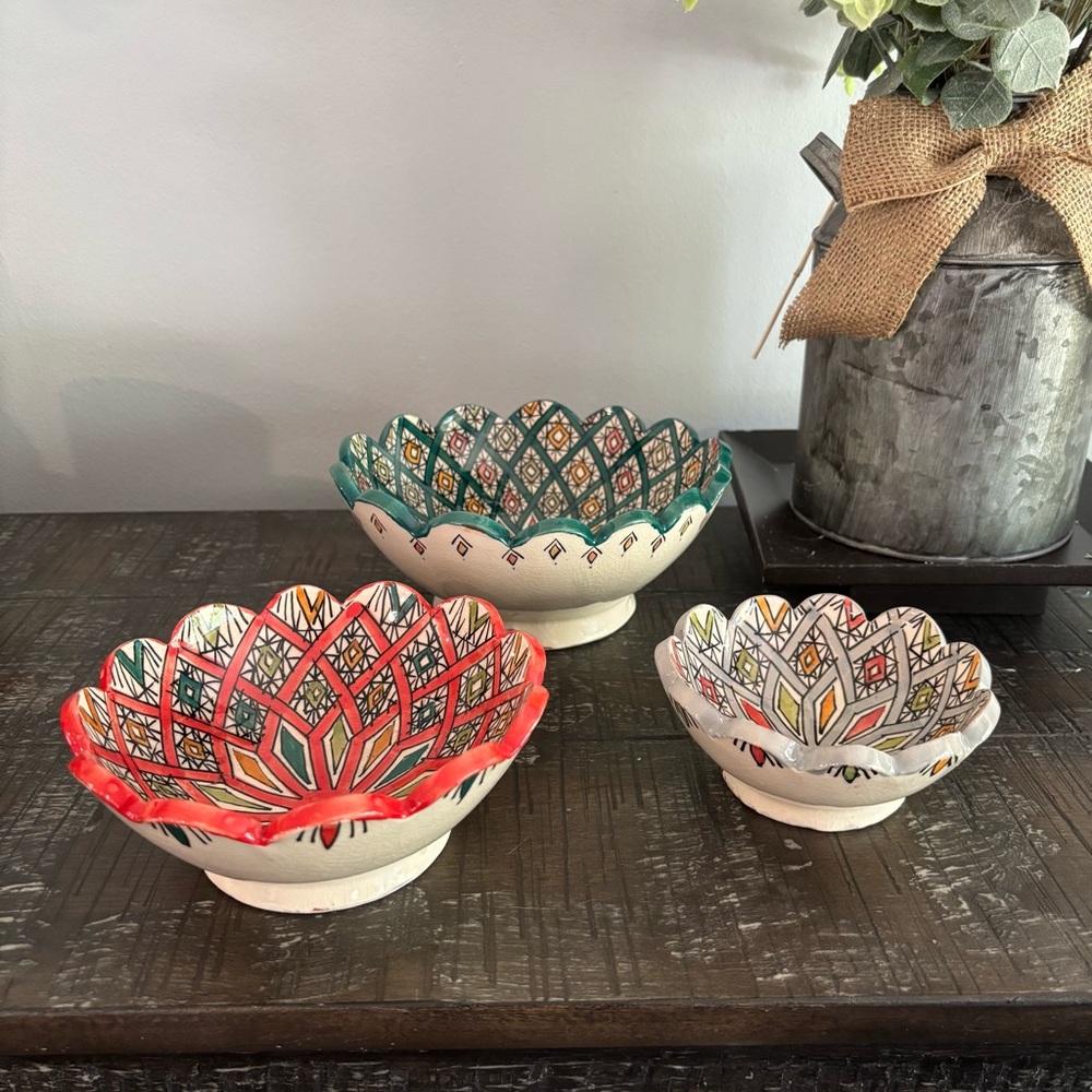 Moroccan Nesting Bowls set of 3 Handmade Ceramic Hand Painted 4.5” 5.5”  6.5”